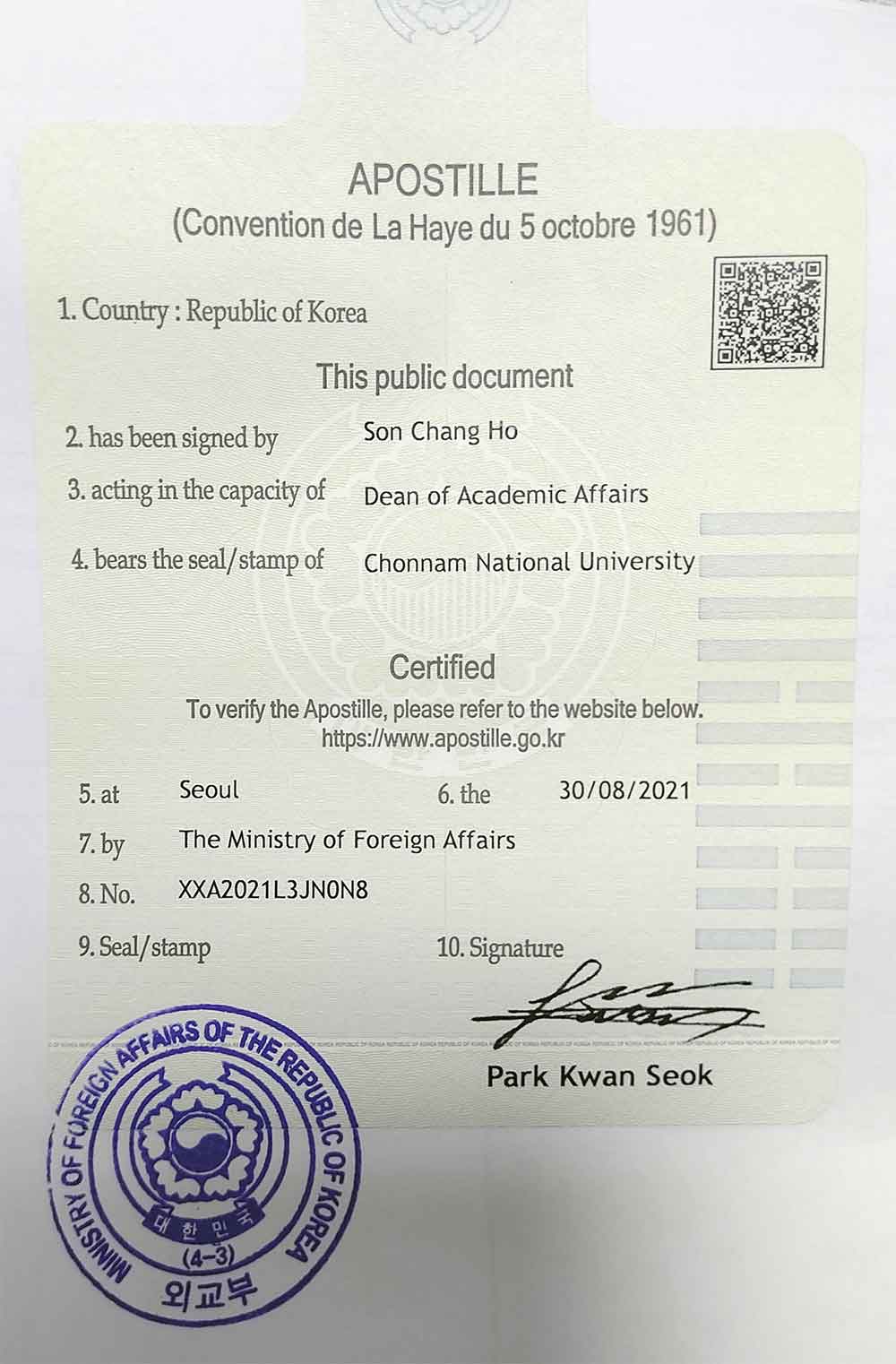 Korea Sticker Apostille Certificate