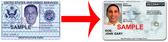 Blue DOD Retiree ID Card into Retiree USID ID Card