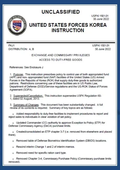  USFKI 1501.01 Exchange And Commissary Privileges Access To Duty-Free Goods